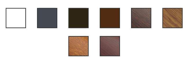 Paleta 8 kolorów profili Aluprof A6 — biały, antracyt, brąz, złoty dąb, mahoń, winchester, turner oak, ciemny brąz